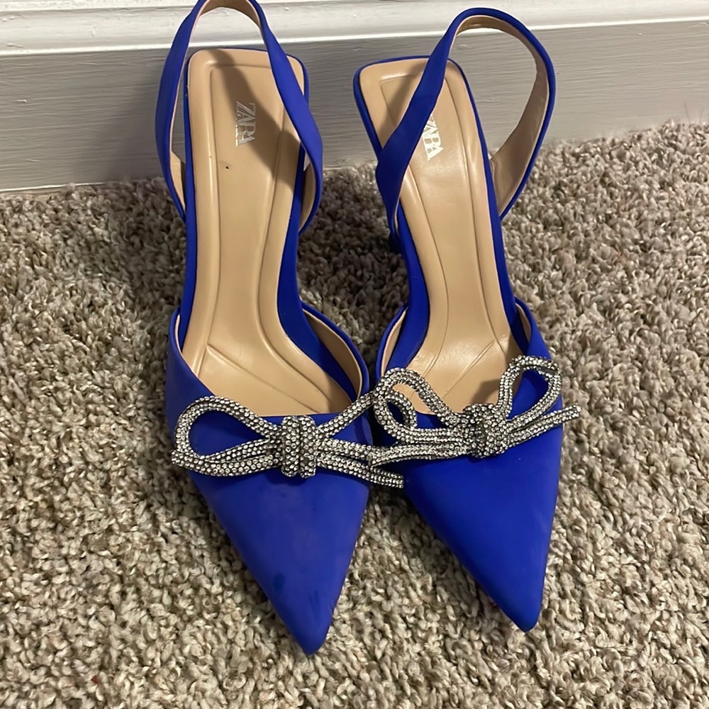 Royal blue sling back  heel with bedazzled bow size 37